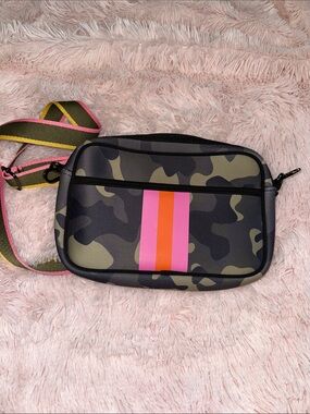 Camouflage Neoprene Crossbody Bag with Pink & Orange Stripe